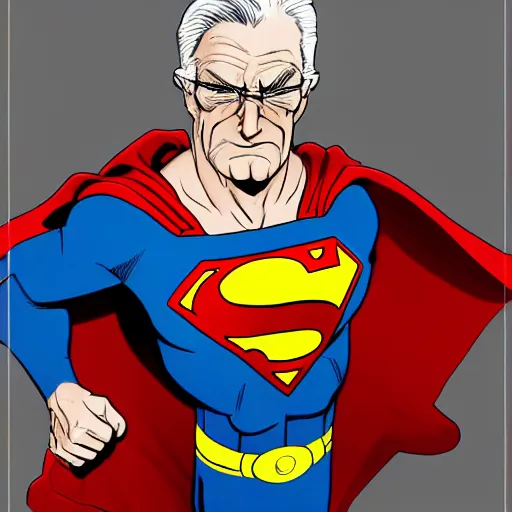 Image similar to superman as a very old man, sagging, wrinkled, white haired, skinny arms and legs, in the style of wayne boring and joe shuster, high detail, 8 k resolution, trending on artstation, trending on deviantart - c 1 0