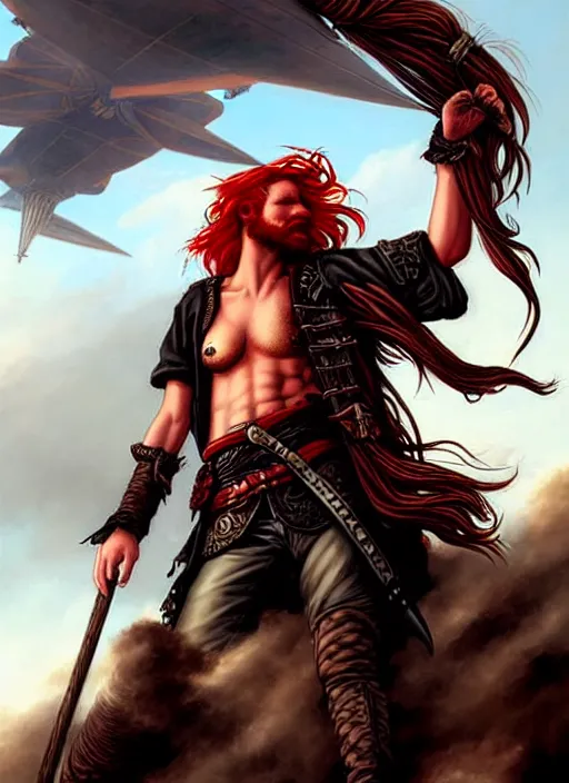 Image similar to an epic fantasy comic book style portrait painting of a long haired, red headed male sky - pirate in front of an airship in the style of eve ventrue