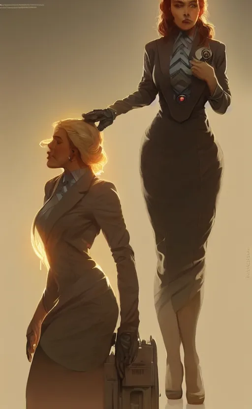 Image similar to Female in office dress, sci-fi, highly detailed, digital painting, artstation, concept art, smooth, sharp focus, illustration, art by artgerm and greg rutkowski and alphonse mucha