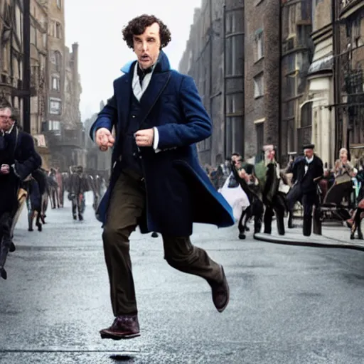 Prompt: [UHD candid photo of Sherlock Holmes running down the streets of futuristic steampunk London, correct face, accurate details, graphic detail, sharp focus by Annie Leibowitz]