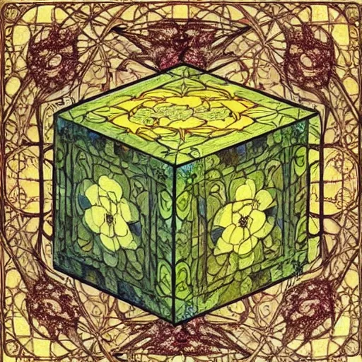 Image similar to beautiful painting of companion - cube!!!!!!!!!!!!!!!!! companion - cube!!!!!!!!!!!!!!!!!, art nouveau. by william morris, andreas rochas, mucha, gaudy colors. intricate linework. sharp edges.