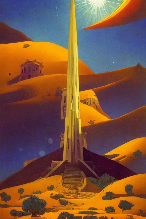 Prompt: glorious painted belltower of the sun and the lost stars, by Sylvain Sarrailh and Nicholas Roerich and jean delville and Maxfield Parrish, dramatic cinematic lighting , beautiful garden, ornate architecture, smooth, sharp focus, extremely detailed