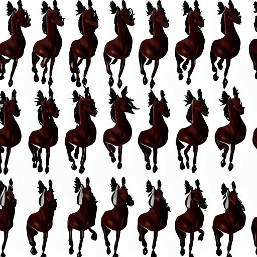 Image similar to an animation of the same horse running left to right shot frame by frame, separated into equally sized frames, from'animation types'