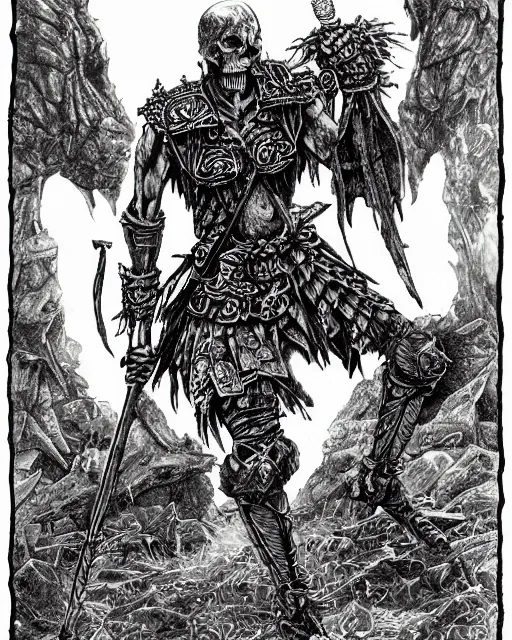 Prompt: pen and ink drawing of a skeleton warrior, fighting fantasy style image, by steve jackson and ian livingstone, highly detailed