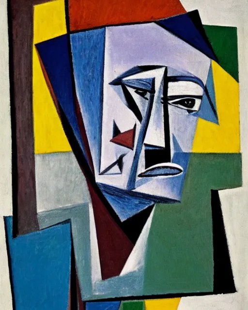 Prompt: cubist portrait of walter white, cubism, blank background, upper body only, by pablo picasso