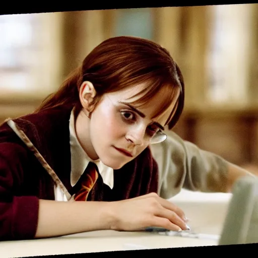 Image similar to Still from Harry Potter movies, Emma Watson using a computer during school in Hogwarts