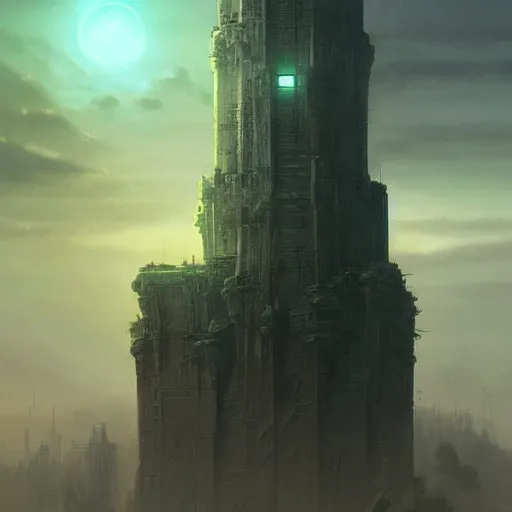 Image similar to A huge tower in a deserted landscape emitting a green light in the distance, dark atmosphere, intricate, cinematic lighting, highly detailed, digital painting, artstation, concept art, smooth, sharp focus, illustration, art by Artgerm and Greg Rutkowski, Cgsociety