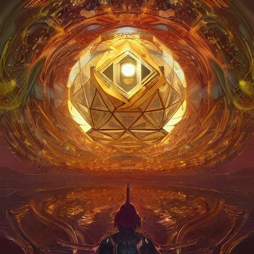 Image similar to hyper realistic golden quantum computer in the shape of a giant cube the size of a city , art by artery and Greg Rutkowski and alphonse mucha, sci-fi, fantasy, intricate, ornate, very very intimidating , highly detailed, digital painting, artstation, concept art, smooth, sharp focus, illustration