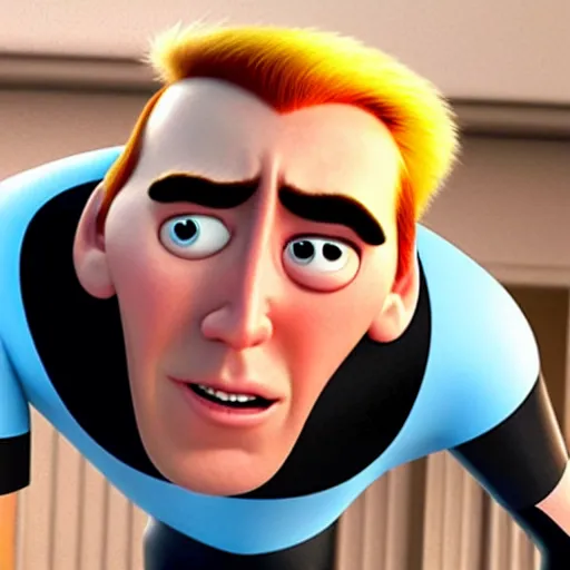 Prompt: nic cage in the incredibles, pixar,