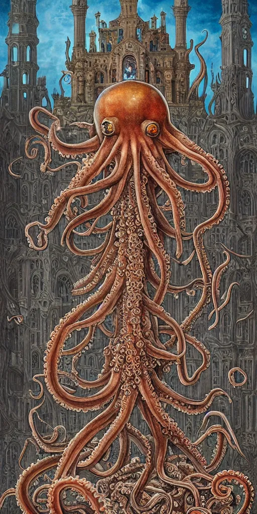 Image similar to group of mankind mages with octopus heads with jellyfish inside an ancient mage castle hall colossal scale, gothic and baroque, brutalist architecture, ultradetailed, Intricate by James Jean and Josan Gonzalez and John Howe and Giuseppe Arcimboldo