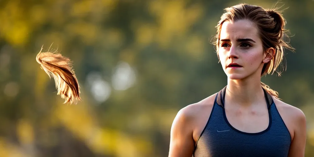 Prompt: A closeup of Emma Watson going for a run in a park during fall, wearing a tight athletic top. Golden Hour Lighting. 4K HD Wallpaper. Premium Prints Available