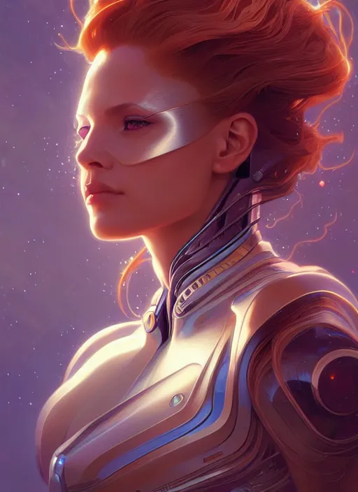 Image similar to futuristic woman portrait, sci-fi, amber eyes, face, long hair, fantasy, intricate, elegant, highly detailed, digital painting, artstation, concept art, smooth, sharp focus, illustration, art by artgerm and greg rutkowski and alphonse mucha