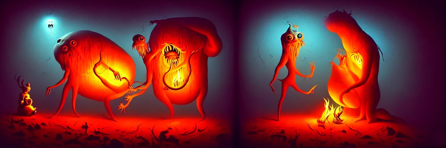 Image similar to whimsical creature freaks from the depths of the imagination, dramatic lighting from fire glow, surreal dark uncanny painting by ronny khalil