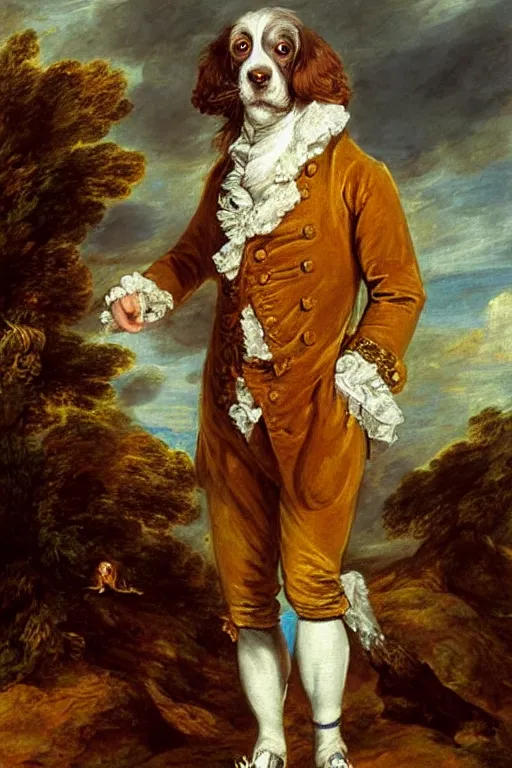 Image similar to A painted portrait of a brown haired springer spaniel wearing a sea captain's clothing, by Thomas Gainsborough, elegant, highly detailed, anthro, anthropomorphic dog