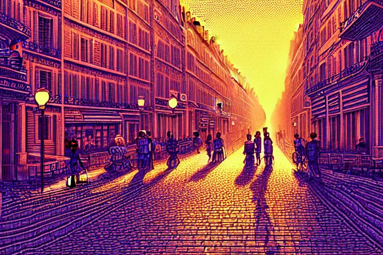 Image similar to a city street in paris under the dark sun, beautiful detailed pixelart by albertov, intricate details, beautiful, dithered gradients, volumetric lighting, cgsociety, artstation, smooth, sharp focus, 2 d illustration, amazing art by dan mumford