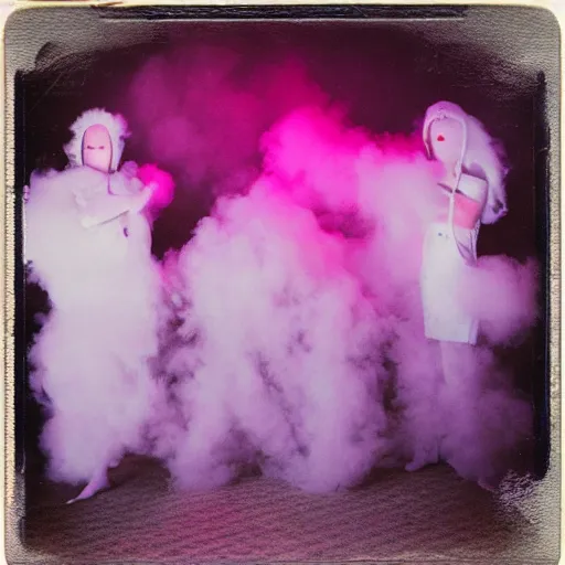 Image similar to polaroid of dancers that are made from cotton candy, smoke and clouds, wearing giant paper masks, mix, DADA collage, texture, lomography, fashion neon light