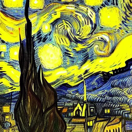 Prompt: godzilla in new york, night, landscape by Vincent Van Gogh