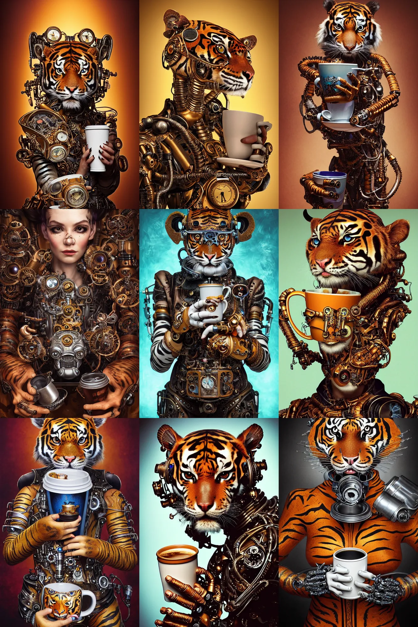 Prompt: a stunning intricate fine art portrait photo of a steampunk cyborg tiger holding a cup of coffee, in the style of pixar, hannah yata charlie immer, perfection!, perfect face and eyes, studio lighting, 8 5 mm lens, very detailed, bionic, cybernetic scifi, deep depth of field, artstation, 8 k, highly coherent