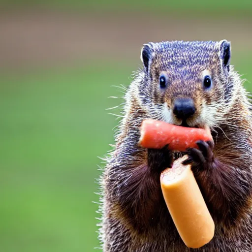 Prompt: a groundhog eating a hot dog