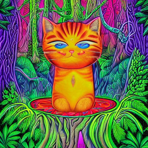 Prompt: a digital painting peaceful contempt cat wondering about life, green forest and roots in the background, alex grey, lisa frank, colorful, vibrant,