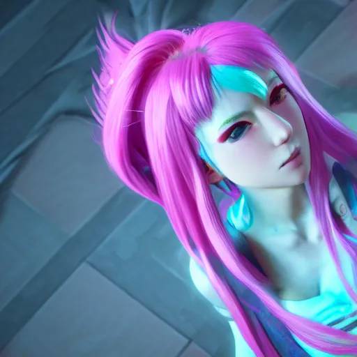 Image similar to taken from an extremely low angle at her feet, stunningly beautiful omnipotent anime goddess with pink hair and mesmerizing cyan eyes, unreal engine 5, 8 k