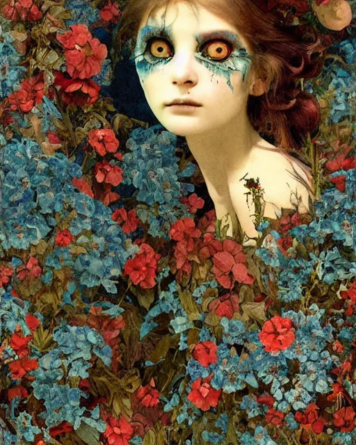 Prompt: a pretty but sinister and creepy monster in layers of fear decoupage, with haunted eyes, bleeding, violence in his eyes, 1 9 7 0 s, seventies, delicate embellishments, a little blood, woodland, blue dawn light shining on wildflowers, painterly, offset printing technique, by walter popp, alexandre cabanel