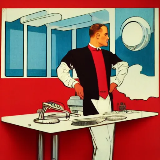 Image similar to man in futurist lab, 6 0 s ´ s design, leyendecker style, red and white walls