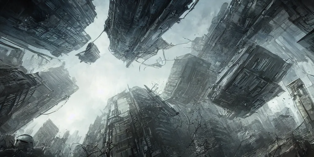 Image similar to upside down post-apocalyptic city, sci-fi, cinematic