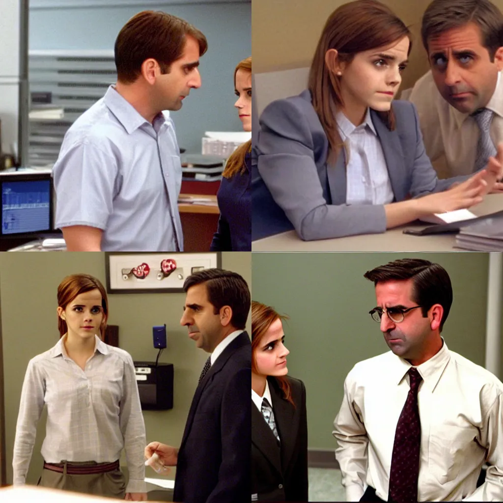 Prompt: screenshot from the office (2002) emma watson with Michael Gary Scott as steve carrell from the office (2002)