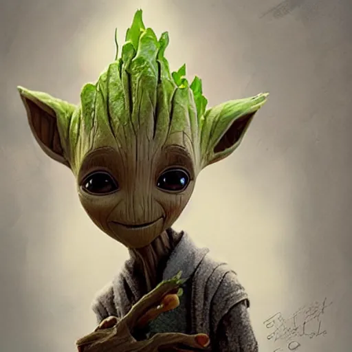 Image similar to Cute Elven baby Groot and Yoda by Greg Rutkowski, asymmetrical, Organic Painting , Matte Painting, geometric shapes, hard edges, street art, trending on the artstation, realistic:2 by Sachin Teng:4