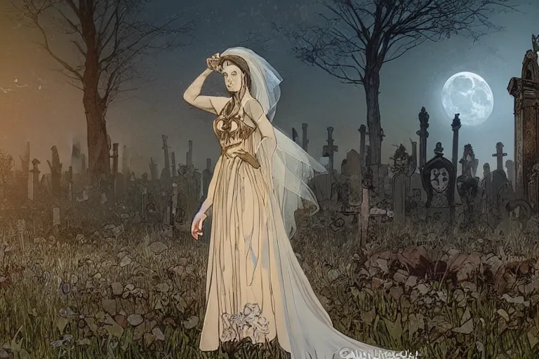 Prompt: an ultra detailed animation of a ghost bride in a graveyard at midnight on halloween, digital art, dark fantasy, concept art, soulslike, by alphonse mucha, blood moon eclipse, ruined building in the background, artstation, 8 k, unreal engine render