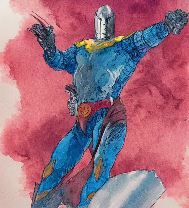 Prompt: a watercolor ink painting of a superhero knight in the style of jean giraud in the style of moebius trending on artstation deviantart pinterest detailed realistic hd 8 k high resolution