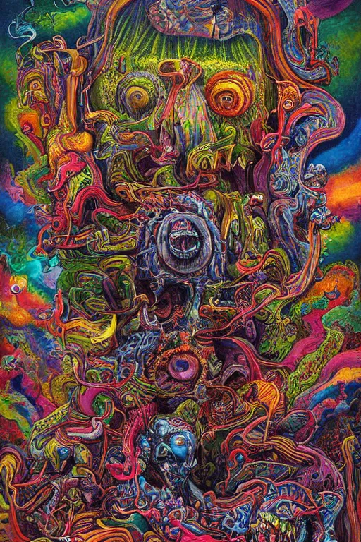 Image similar to a very high hyperdetailed painting with complex textures of a group of monsters united within a larger monster, made of candies and psychotropic psychoactive substances psychedelic fulcolor spiritual chaos surrealism horror bizarre psycho art