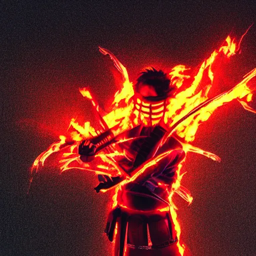 Image similar to a neon samurai in a burning field at night. hyper realistic, 8 k.