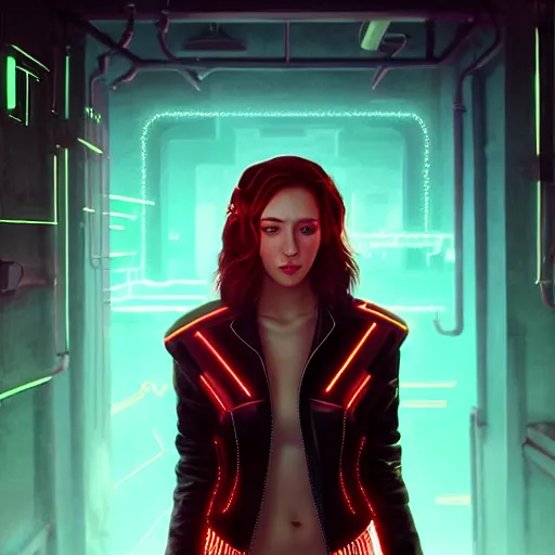 Image similar to pretty young woman with shoulder length shiny shimmering dark red hair and wearing futuristic studded leather jacket with the glow of neon lights illuminating her, path traced, highly detailed, high quality, digital painting, by cd projekt red, cyberpunk, leesha hannigan, makoto shinkai - h 7 0 4