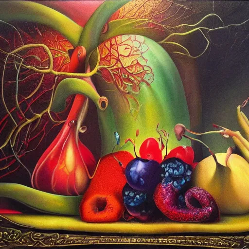 Image similar to forbidden fruit, surrealism, oil on canvas, high detail, masterpiece