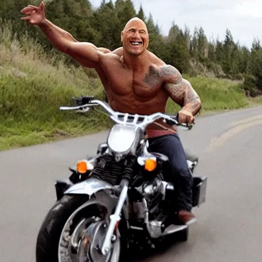 Image similar to dwayne the rock johnson riding a hog