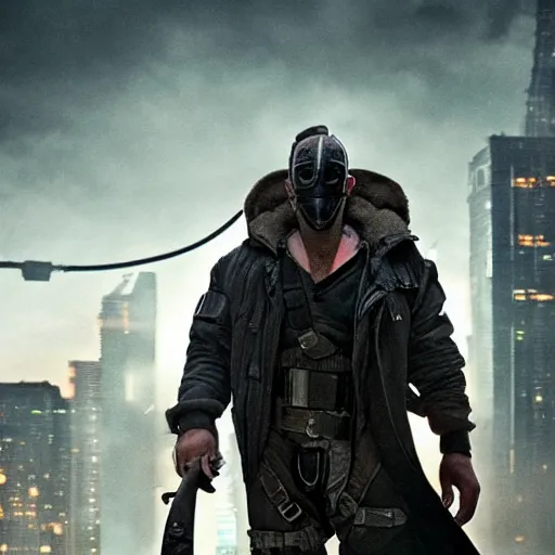 Image similar to bane as a cyberpunk character, 4k, high detail, high-resolution photograph, professional photography, ultra-detail