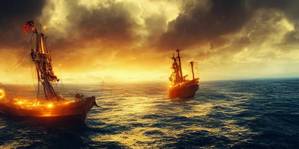 Image similar to portrait of a ship on the sea, close over the shoulder on the ship is a medieval woman ship pilot from behind , dramatic golden neon sunset with wall of storm clouds, wearing shiny breastplate, octane render, dynamic lighting, hyperrealistic, artstation