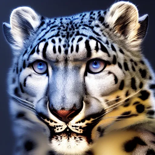 Prompt: photorealistic snow leopard. hyperdetailed photorealism, 1 0 8 megapixels, amazing depth, high resolution, 3 d shading, 3 d finalrender, 3 d cinematic lighting, glowing rich colors, psychedelic overtones, artstation concept art.