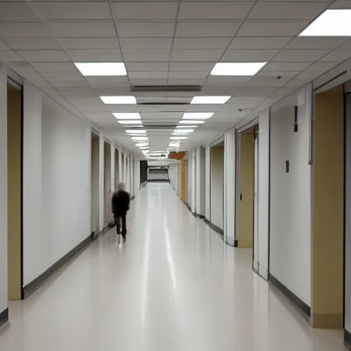 Prompt: liminal space of a hospital, long hallway, exit sign at the end, white walls, white tiles