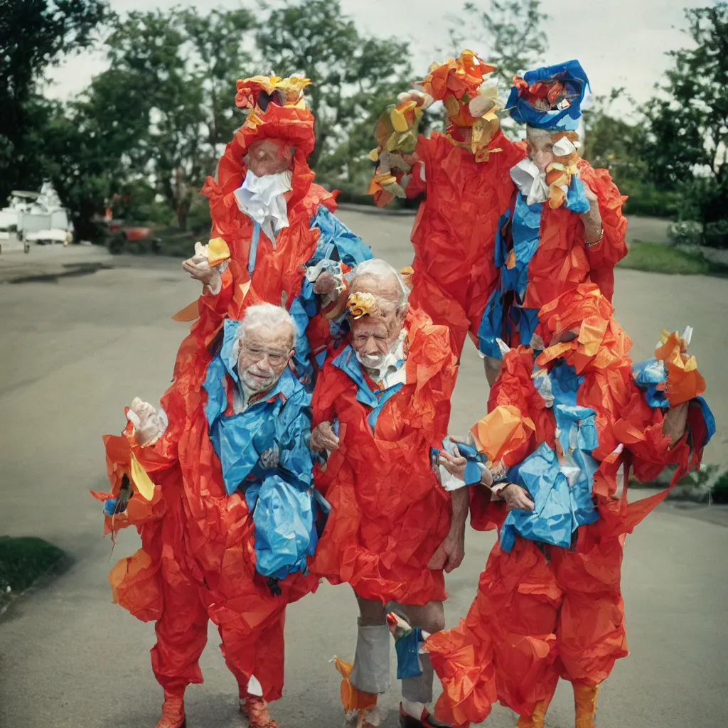 Image similar to a martin parr photo of a grandpa couple, wearing weird trash costumes, fujifilm velvia 5 0