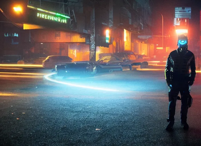 Image similar to First Official image from Denis Villeneuve's new sci-fi film Allegheny, starring Wiz Khalifa as a futuristic police officer in neon-lit nighttime Pittsburgh, filmed by Greig Fraser on Alexa LF. Gorgeous cinematography, shadows, diffused colored gel lighting, film grain, Criterion Collection