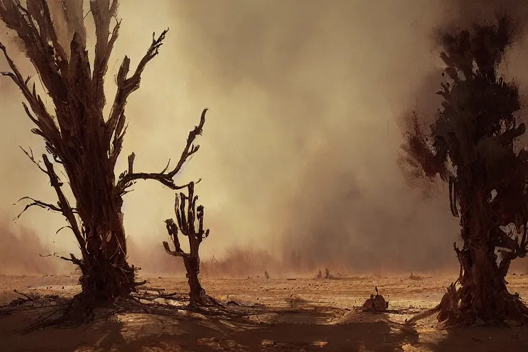 Prompt: matte painting of a burning tree in the desert, by jeremy mann and greg rutkowski, intricate cinematic light, oil on canvas