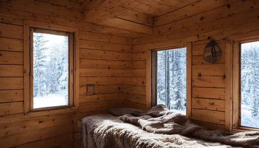 Prompt: empty cozy interior of small cabin, warm, outside winter landscape