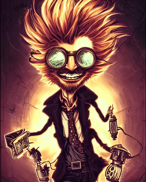 Image similar to Mad Scientist heimerdinger, frazzled electrical hair, steampunk fantasy portrait by dan mumford, anato finnstark, ross tran