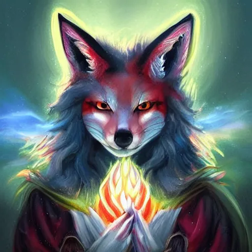 Prompt: a painted avatar portrait of an awesome powerful humanoid kitsune fox mage themed around life and death, in the style of dnd beyond avatar portraits, beautiful, artistic, elegant, lens flare, magical, lens flare, nature, realism, stylized, art by jeff easley