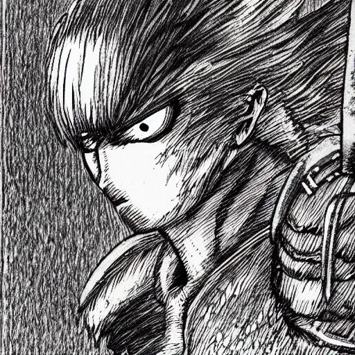 Image similar to Guts, Berserk, in the style of kentaro miura, very detailed, masterpiece, award winning, greatsword, coloured, manga