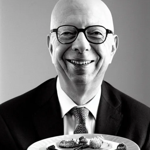 Prompt: portrait of klaus schwab with a plate of bugs, worms and insects