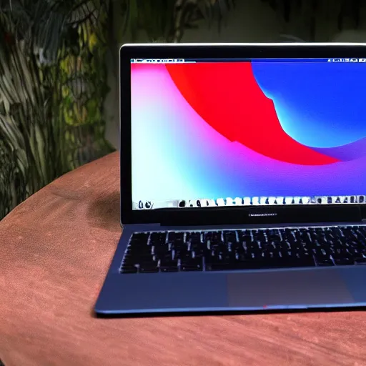 Prompt: a red and blue mac book pro laptop cake, high resolution